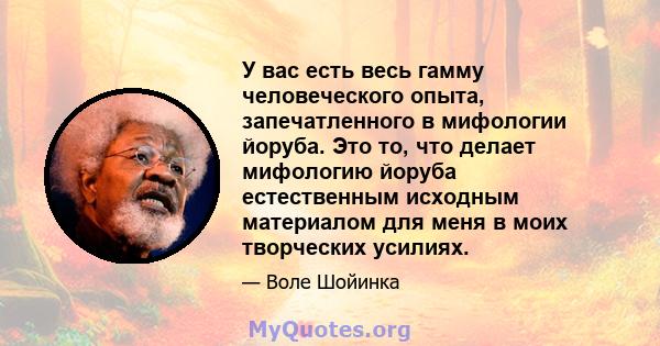 У вас есть весь гамму человеческого опыта, запечатленного в мифологии йоруба. Это то, что делает мифологию йоруба естественным исходным материалом для меня в моих творческих усилиях.