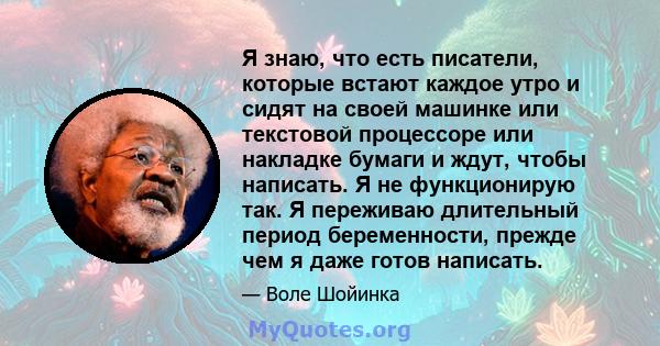 Я знаю, что есть писатели, которые встают каждое утро и сидят на своей машинке или текстовой процессоре или накладке бумаги и ждут, чтобы написать. Я не функционирую так. Я переживаю длительный период беременности,