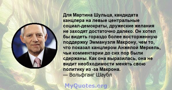 Для Мартина Шульца, кандидата канцлера на левые центральные социал-демократы, дружеские желания не заходят достаточно далеко. Он хотел бы видеть гораздо более восторженную поддержку Эммануэля Макрону, чем то, что