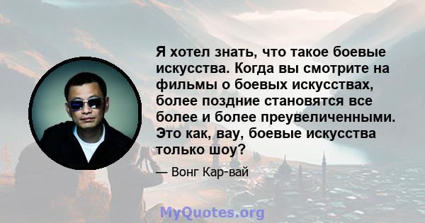 Я хотел знать, что такое боевые искусства. Когда вы смотрите на фильмы о боевых искусствах, более поздние становятся все более и более преувеличенными. Это как, вау, боевые искусства только шоу?