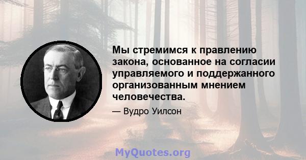 Мы стремимся к правлению закона, основанное на согласии управляемого и поддержанного организованным мнением человечества.