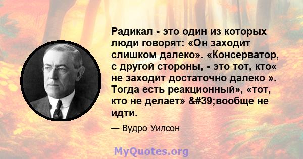 Радикал - это один из которых люди говорят: «Он заходит слишком далеко». «Консерватор, с другой стороны, - это тот, кто« не заходит достаточно далеко ». Тогда есть реакционный», «тот, кто не делает» 'вообще не идти.