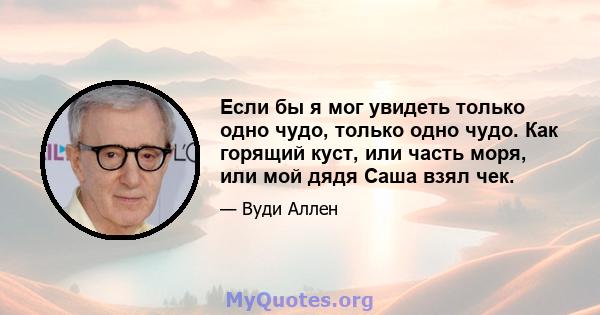 Если бы я мог увидеть только одно чудо, только одно чудо. Как горящий куст, или часть моря, или мой дядя Саша взял чек.