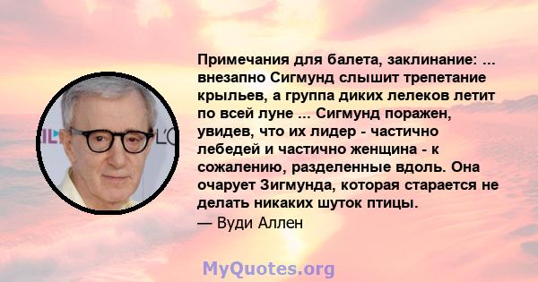 Примечания для балета, заклинание: ... внезапно Сигмунд слышит трепетание крыльев, а группа диких лелеков летит по всей луне ... Сигмунд поражен, увидев, что их лидер - частично лебедей и частично женщина - к сожалению, 