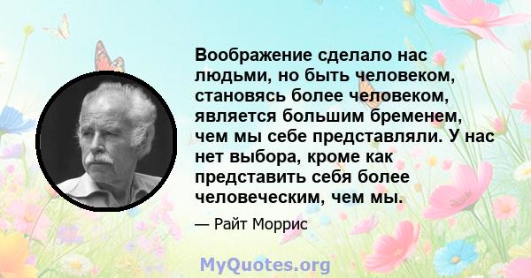 Воображение сделало нас людьми, но быть человеком, становясь более человеком, является большим бременем, чем мы себе представляли. У нас нет выбора, кроме как представить себя более человеческим, чем мы.