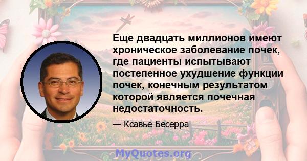 Еще двадцать миллионов имеют хроническое заболевание почек, где пациенты испытывают постепенное ухудшение функции почек, конечным результатом которой является почечная недостаточность.