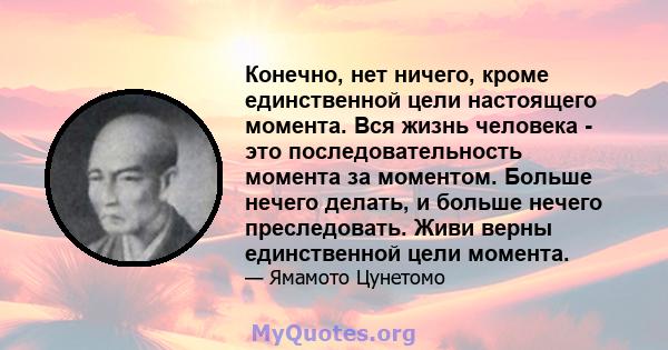 Конечно, нет ничего, кроме единственной цели настоящего момента. Вся жизнь человека - это последовательность момента за моментом. Больше нечего делать, и больше нечего преследовать. Живи верны единственной цели момента.