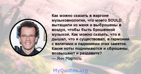 Как можно сказать в жаргоне музыковнологии, что моего SOULD вытащили из меня и выброшены в воздух, чтобы быть брошенной музыкой. Как можно сказать, что я дышал, что я существовал, в гармонии с взлетами и падениями этих