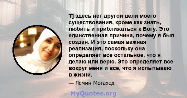 T] здесь нет другой цели моего существования, кроме как знать, любить и приближаться к Богу. Это единственная причина, почему я был создан. И это самая важная реализация, поскольку она определяет все остальное, что я