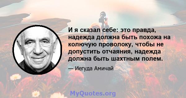 И я сказал себе: это правда, надежда должна быть похожа на колючую проволоку, чтобы не допустить отчаяния, надежда должна быть шахтным полем.