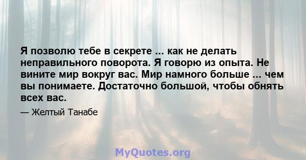 Я позволю тебе в секрете ... как не делать неправильного поворота. Я говорю из опыта. Не вините мир вокруг вас. Мир намного больше ... чем вы понимаете. Достаточно большой, чтобы обнять всех вас.