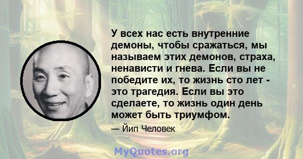 У всех нас есть внутренние демоны, чтобы сражаться, мы называем этих демонов, страха, ненависти и гнева. Если вы не победите их, то жизнь сто лет - это трагедия. Если вы это сделаете, то жизнь один день может быть