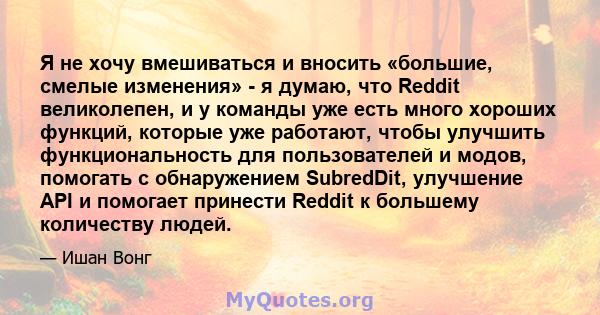 Я не хочу вмешиваться и вносить «большие, смелые изменения» - я думаю, что Reddit великолепен, и у команды уже есть много хороших функций, которые уже работают, чтобы улучшить функциональность для пользователей и модов, 