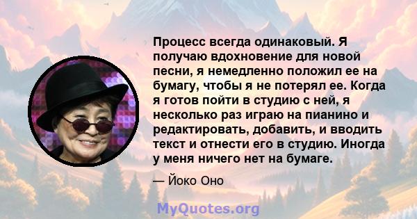 Процесс всегда одинаковый. Я получаю вдохновение для новой песни, я немедленно положил ее на бумагу, чтобы я не потерял ее. Когда я готов пойти в студию с ней, я несколько раз играю на пианино и редактировать, добавить, 