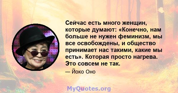 Сейчас есть много женщин, которые думают: «Конечно, нам больше не нужен феминизм, мы все освобождены, и общество принимает нас такими, какие мы есть». Которая просто нагрева. Это совсем не так.