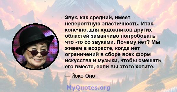 Звук, как средний, имеет невероятную эластичность. Итак, конечно, для художников других областей заманчиво попробовать что -то со звуками. Почему нет? Мы живем в возрасте, когда нет ограничений в сборе всех форм