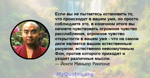 Если вы не пытаетесь остановить то, что происходит в вашем уме, но просто соблюдаете это, в конечном итоге вы начнете чувствовать огромное чувство расслабления, огромное чувство открытости в вашем уме - что на самом