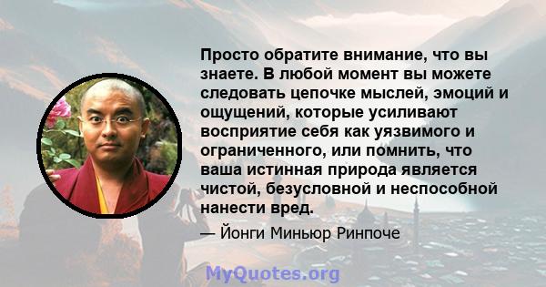 Просто обратите внимание, что вы знаете. В любой момент вы можете следовать цепочке мыслей, эмоций и ощущений, которые усиливают восприятие себя как уязвимого и ограниченного, или помнить, что ваша истинная природа