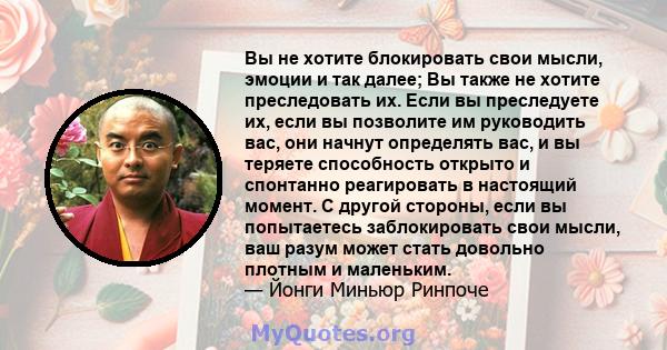 Вы не хотите блокировать свои мысли, эмоции и так далее; Вы также не хотите преследовать их. Если вы преследуете их, если вы позволите им руководить вас, они начнут определять вас, и вы теряете способность открыто и