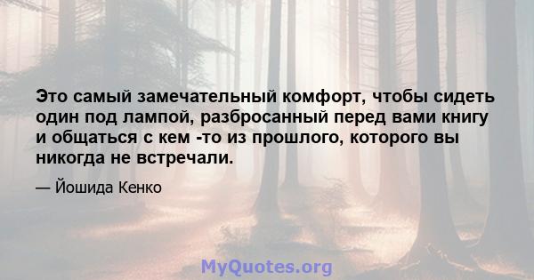 Это самый замечательный комфорт, чтобы сидеть один под лампой, разбросанный перед вами книгу и общаться с кем -то из прошлого, которого вы никогда не встречали.