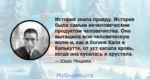 История знала правду. История была самым нечеловеческим продуктом человечества. Она вытащила всю человеческую волю и, как и богиня Кали в Калькутте, от уст капала кровь, когда она кусалась и хрустяла.