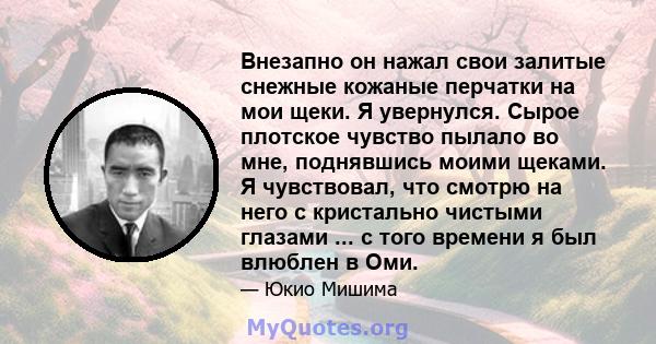 Внезапно он нажал свои залитые снежные кожаные перчатки на мои щеки. Я увернулся. Сырое плотское чувство пылало во мне, поднявшись моими щеками. Я чувствовал, что смотрю на него с кристально чистыми глазами ... с того