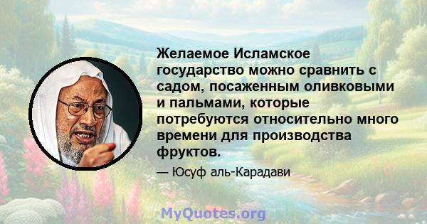 Желаемое Исламское государство можно сравнить с садом, посаженным оливковыми и пальмами, которые потребуются относительно много времени для производства фруктов.