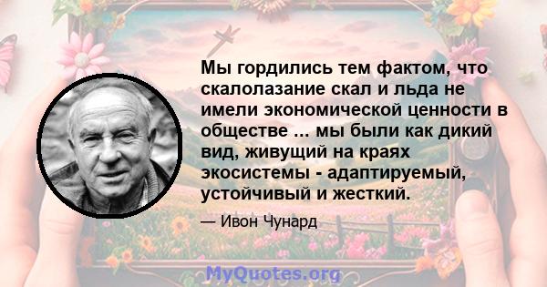 Мы гордились тем фактом, что скалолазание скал и льда не имели экономической ценности в обществе ... мы были как дикий вид, живущий на краях экосистемы - адаптируемый, устойчивый и жесткий.