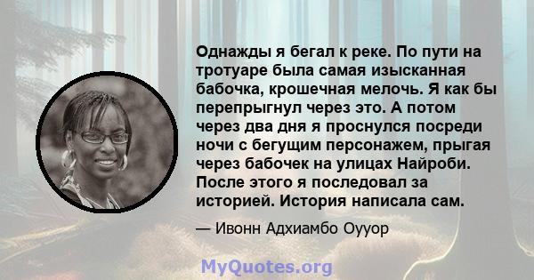 Однажды я бегал к реке. По пути на тротуаре была самая изысканная бабочка, крошечная мелочь. Я как бы перепрыгнул через это. А потом через два дня я проснулся посреди ночи с бегущим персонажем, прыгая через бабочек на