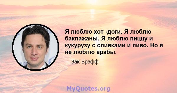 Я люблю хот -доги. Я люблю баклажаны. Я люблю пиццу и кукурузу с сливками и пиво. Но я не люблю арабы.