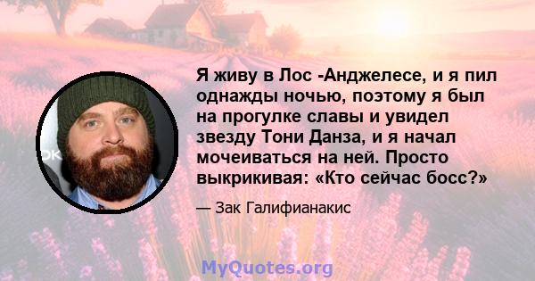 Я живу в Лос -Анджелесе, и я пил однажды ночью, поэтому я был на прогулке славы и увидел звезду Тони Данза, и я начал мочеиваться на ней. Просто выкрикивая: «Кто сейчас босс?»