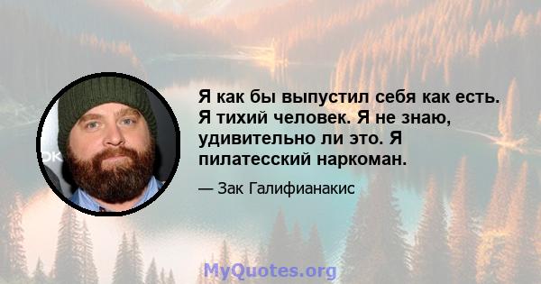 Я как бы выпустил себя как есть. Я тихий человек. Я не знаю, удивительно ли это. Я пилатесский наркоман.