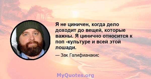 Я не циничен, когда дело доходит до вещей, которые важны. Я цинично относится к поп -культуре и всей этой лошади.