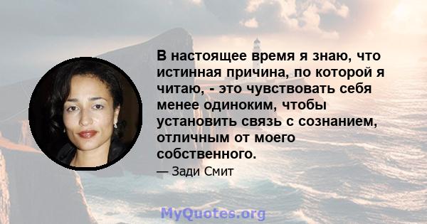 В настоящее время я знаю, что истинная причина, по которой я читаю, - это чувствовать себя менее одиноким, чтобы установить связь с сознанием, отличным от моего собственного.