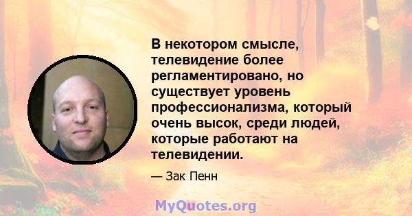 В некотором смысле, телевидение более регламентировано, но существует уровень профессионализма, который очень высок, среди людей, которые работают на телевидении.