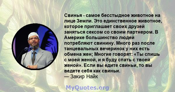 Свинья - самое бесстыдное животное на лице Земли. Это единственное животное, которое приглашает своих друзей заняться сексом со своим партнером. В Америке большинство людей потребляют свинину. Много раз после