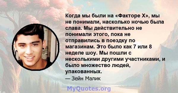 Когда мы были на «Факторе X», мы не понимали, насколько ночью была слава. Мы действительно не понимали этого, пока не отправились в поездку по магазинам. Это было как 7 или 8 неделе шоу. Мы пошли с несколькими другими