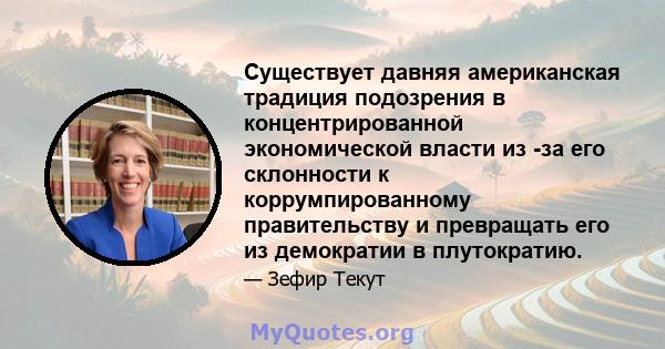 Существует давняя американская традиция подозрения в концентрированной экономической власти из -за его склонности к коррумпированному правительству и превращать его из демократии в плутократию.