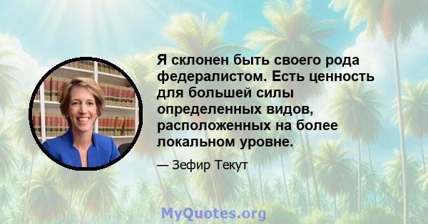 Я склонен быть своего рода федералистом. Есть ценность для большей силы определенных видов, расположенных на более локальном уровне.