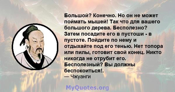 Большой? Конечно. Но он не может поймать мышей! Так что для вашего большого дерева. Бесполезно? Затем посадите его в пустоши - в пустоте. Пойдите по нему и отдыхайте под его тенью. Нет топора или пилы, готовит свой