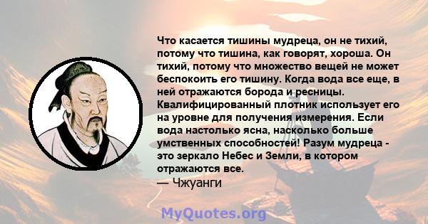 Что касается тишины мудреца, он не тихий, потому что тишина, как говорят, хороша. Он тихий, потому что множество вещей не может беспокоить его тишину. Когда вода все еще, в ней отражаются борода и ресницы.