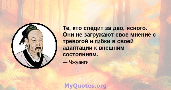 Те, кто следит за дао, ясного. Они не загружают свое мнение с тревогой и гибки в своей адаптации к внешним состояниям.