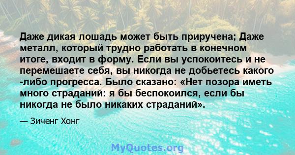 Даже дикая лошадь может быть приручена; Даже металл, который трудно работать в конечном итоге, входит в форму. Если вы успокоитесь и не перемешаете себя, вы никогда не добьетесь какого -либо прогресса. Было сказано: