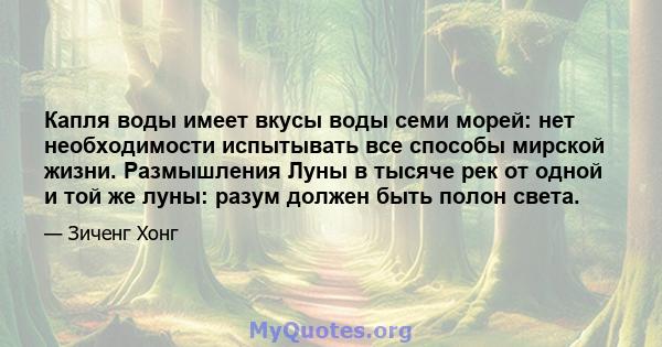 Капля воды имеет вкусы воды семи морей: нет необходимости испытывать все способы мирской жизни. Размышления Луны в тысяче рек от одной и той же луны: разум должен быть полон света.