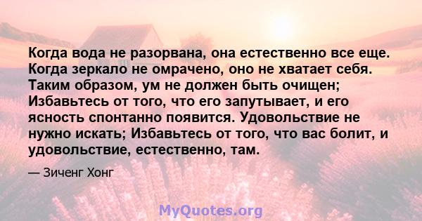 Когда вода не разорвана, она естественно все еще. Когда зеркало не омрачено, оно не хватает себя. Таким образом, ум не должен быть очищен; Избавьтесь от того, что его запутывает, и его ясность спонтанно появится.