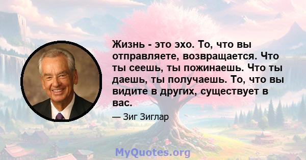 Жизнь - это эхо. То, что вы отправляете, возвращается. Что ты сеешь, ты пожинаешь. Что ты даешь, ты получаешь. То, что вы видите в других, существует в вас.