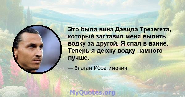 Это была вина Дэвида Трезегета, который заставил меня выпить водку за другой. Я спал в ванне. Теперь я держу водку намного лучше.