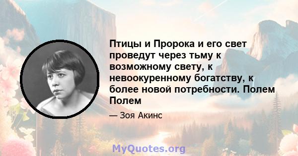 Птицы и Пророка и его свет проведут через тьму к возможному свету, к невоокуренному богатству, к более новой потребности. Полем Полем