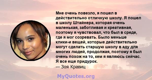 Мне очень повезло, я пошел в действительно отличную школу. Я пошел в школу Штайнера, которая очень маленькая, заботливая и креативная, поэтому я чувствовал, что был в среде, где я мог созревать. Было меньше клики-и