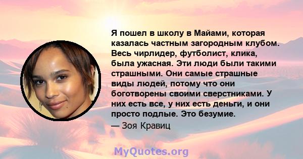 Я пошел в школу в Майами, которая казалась частным загородным клубом. Весь чирлидер, футболист, клика, была ужасная. Эти люди были такими страшными. Они самые страшные виды людей, потому что они боготворены своими